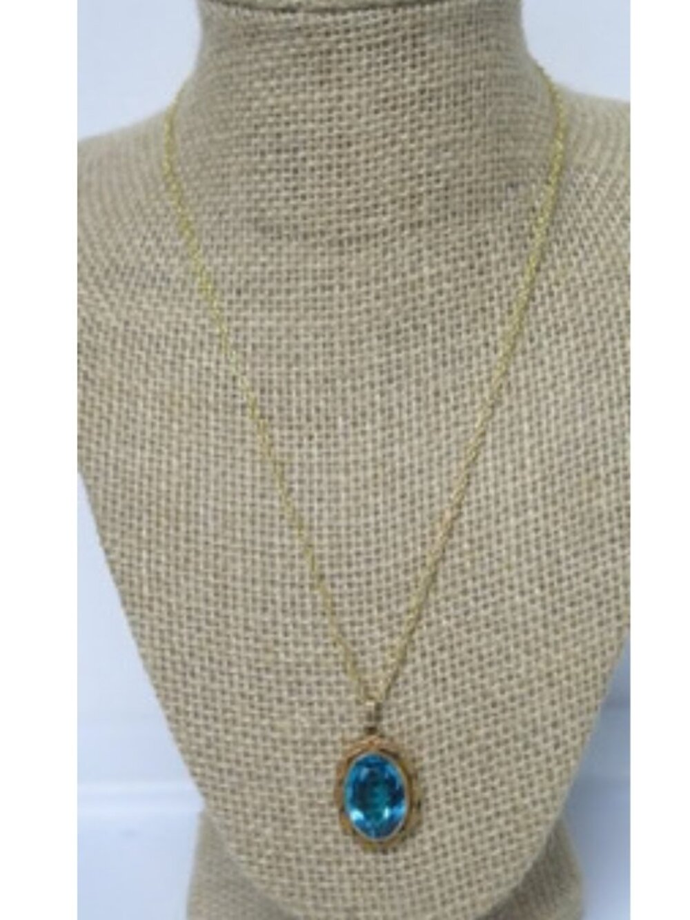Blue Oval Stone Pendant Necklace Gold Tone Ornate Estate Pendant New Chain